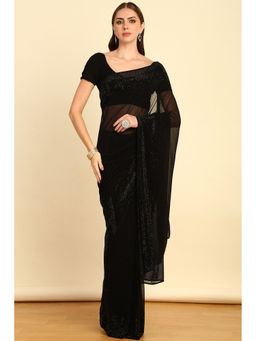 Soch - Black Stone Embellished Georgette Saree with Beads Work with Unstitched Blouse