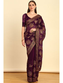Soch - Purple Floral Embroidered Organza Saree with Stone Work with Unstitched Blouse