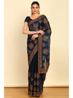 Soch - Blue Floral Embroidered Organza Saree with Stones with Unstitched Blouse