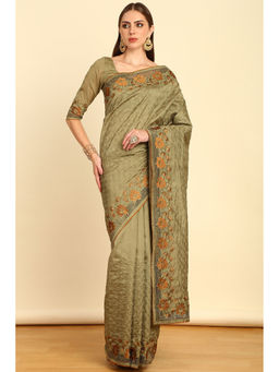 Soch - Olive Green Embroidered Tussar Saree with Cut Work with Unstitched Blouse
