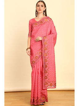 Soch - Pink Green Embroidered Tussar Saree with Cut Work with Unstitched Blouse