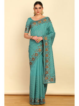 Soch - Turquoise Blue Floral Embroidered Tussar Saree with Cutwork with Unstitched Blouse