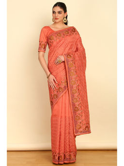 Soch - Rust Floral Embroidered Tussar Saree with Cutwork with Unstitched Blouse