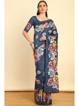Soch - Teal Floral Embroidered Tussar Saree with Unstitched Blouse