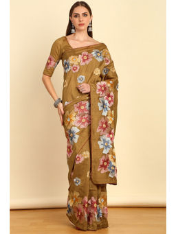 Soch - Brown Floral Embroidered Tussar Saree with Unstitched Blouse