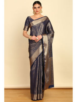 Soch - Navy Blue Ethnic Motifs Woven Design Jacquard Blend Saree with Unstitched Blouse