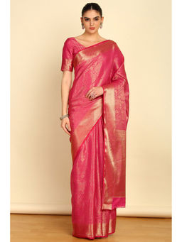 Soch - Fuchsia Ethnic Motifs Woven Design Jacquard Silk Blend Saree with Unstitched Blouse