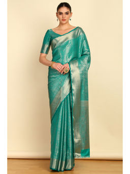 Soch - Teal Ethnic Motifs Woven Design Jacquard Silk Blend Saree with Unstitched Blouse