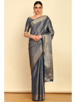 Soch - Grey Ethnic Motifs Woven Design Zari Silk Blend Saree with Unstitched Blouse