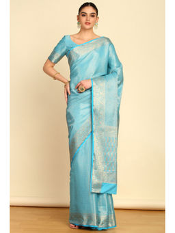 Soch - Blue Ethnic Motifs Woven Design Zari Silk Blend Saree with Unstitched Blouse