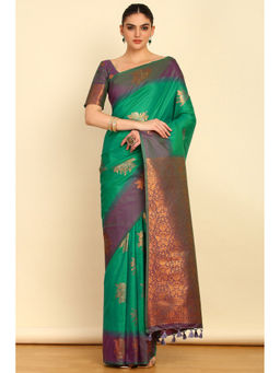 Soch - Green Floral Zari Woven Design Silk Blend Saree with Tassels with Unstitched Blouse