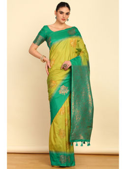 Soch - Light Green Floral Zari Woven Design Silk Blend Saree with Tassels with Unstitched Blouse