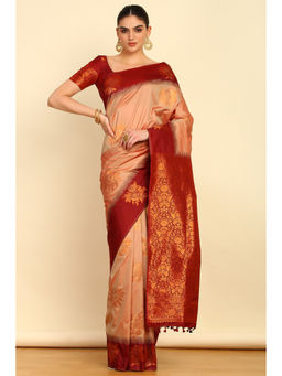 Soch - Earth Floral Zari Woven Design Silk Blend Saree with Tassels with Unstitched Blouse