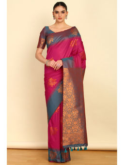 Soch - Fuchsia Floral Zari Woven Design Silk Blend Saree with Tassels with Unstitched Blouse