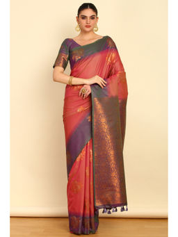 Soch - Coral Floral Zari Woven Design Silk Blend Saree with Tassels with Unstitched Blouse