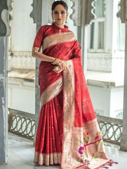 Odette - Red Tussar Silk Paithani Saree with Unstitched Blouse