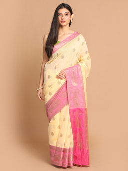 Indethnic - Banarasi Beige Woven Design Work Wear Saree With Unstitched Blouse