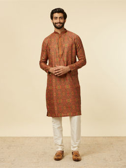 Manyavar - Rust Blended Viscose Digital Print Embroidery Kurta with Pyjama (Set of 2)
