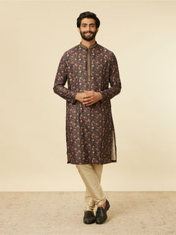 Manyavar - Black Blended Viscose Digital Print Embroidery Kurta with Pyjama (Set of 2)