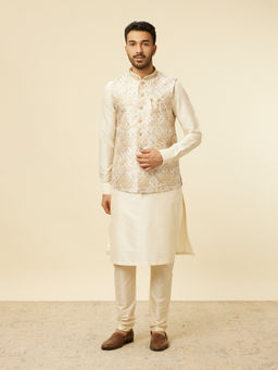 Manyavar - Cream Art Silk Foil Print Kurta with Pyjama & Jacket (Set of 3)