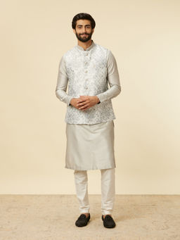 Manyavar - Grey Art Silk Foil Print Kurta with Pyjama with Jacket (Set of 3)