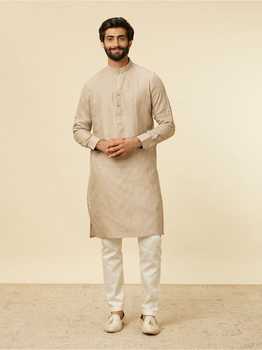 Manyavar Beige Linen Plain Kurta