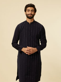 Manyavar - Navy Blue Blended Rayon Hand Embroidery Kurta