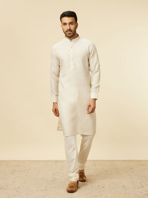 Manyavar Beige Linen Plain Kurta