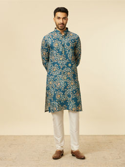 Manyavar - Blue Linen Digital Floral Kurta