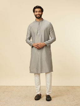 Manyavar - Grey Blended Cotton Embroidery Kurta with Pyjama (Set of 2)