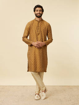 Manyavar - Yellow Blended Cotton Embroidery Kurta with Pyjama (Set of 2)