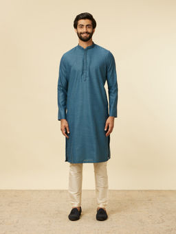 Manyavar - Blue Blended Cotton Embroidery Kurta with Pyjama (Set of 2)
