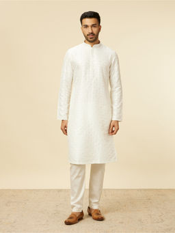 Manyavar - White Art Silk Embroidery Kurta with Pyjama (Set of 2)
