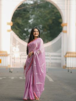 Aparna - Pink Silver Dual Tone Red Border Raga Tissue Saree Without Blouse