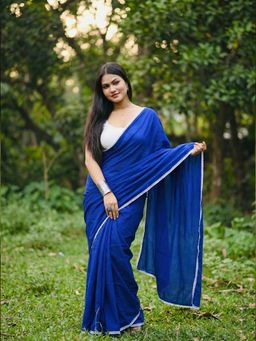 Aparna - Royal Blue and White Lace Khadi Cotton Saree Without Blouse