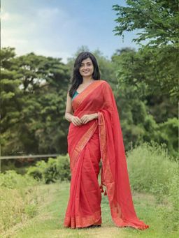Aparna - Red and Zari Woven Pure Cotton Saree Without Blouse