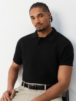 The Souled Store - Flat Knit Polo: Onyx Mens Polo T-Shirt
