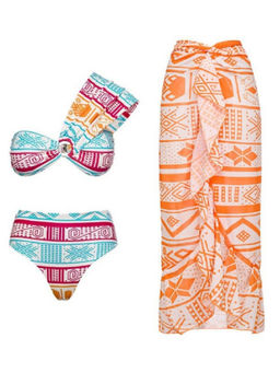 Addery - Multi One-Shoulder Bikini Top with Sarong Skirt and Bottom (Set of 3)