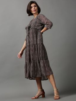 SHOWOFF - Womens Round Neck Abstract Black Midi Dress