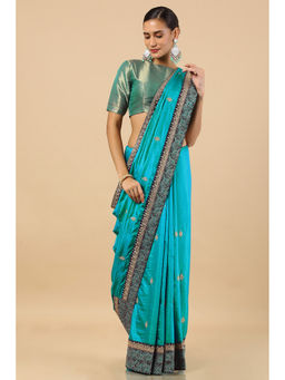 Soch - Turquoise Blue Tussar Embroidered Saree with Unstitched