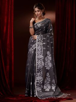 CHARUKRITI - Grey Cotton Blend Handwoven Zari Woven Floral and Paisley Saree with Unstitched Blouse