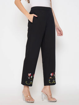 Madame - Floral Embroidery Wide Leg Black Cotton Trouser