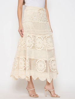 Madame - Cotton Crochet Lace Tiered Beige Maxi Skirt