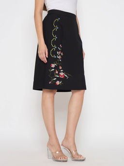 Madame - Floral Embroidered Black Cotton Knee Length Skirt