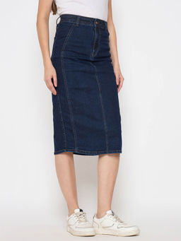 Madame - Seam Detailed Dark Blue Denim Knee Length Skirt
