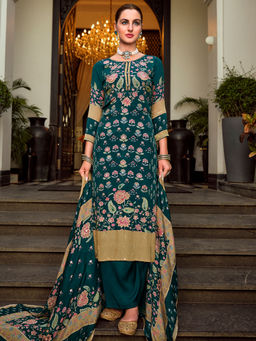 Stylee LIFESTYLE - Teal Pure Crape Embroidered Dress Material (Set of 3)