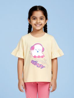 KiddoPanti - Cream Cotton Frill Half Sleeves Whoop Printed T Shirt