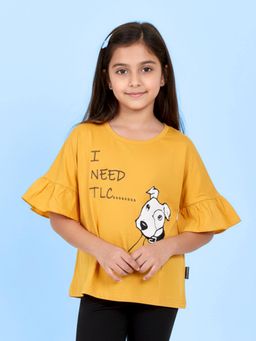 KiddoPanti - Orange Cotton Frill Half Sleeves Whoop Printed T Shirt