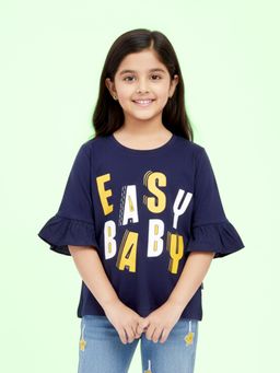 KiddoPanti - Navy Blue Cotton Frill Half Sleeves Whoop Printed T Shirt