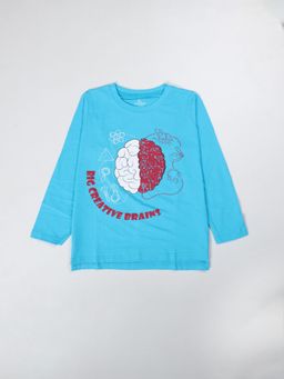 KiddoPanti - Aqua Blue Cotton Full Sleeves Printed T Shirt
